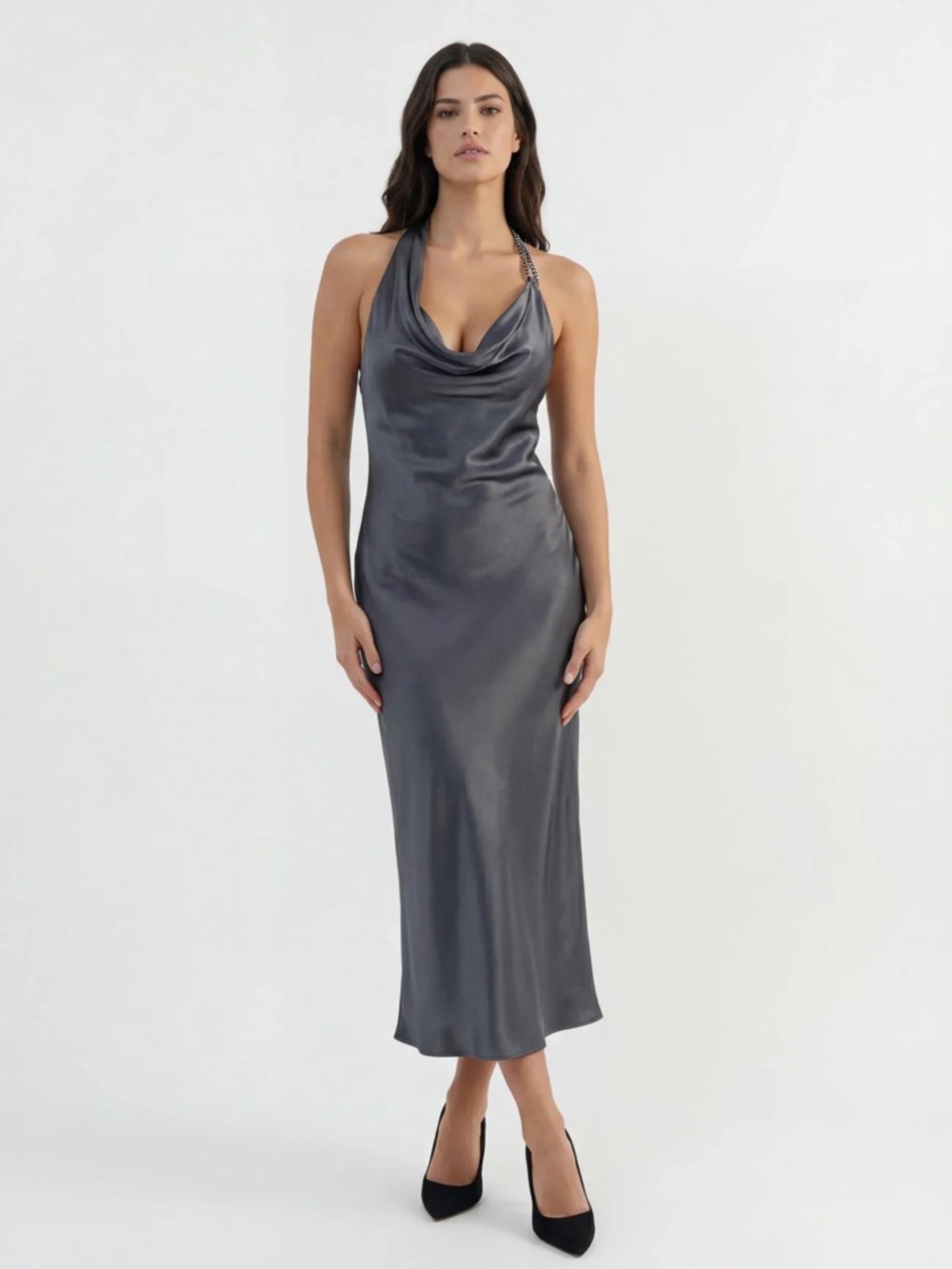 Zara NWT Gray Satin Cowl Drape Front Asymmetric Beaded Halter Midi Dress (Large)